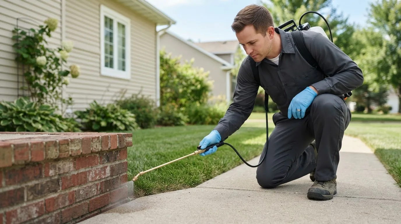 Pest control technician treating a home near North Brookfield, MA