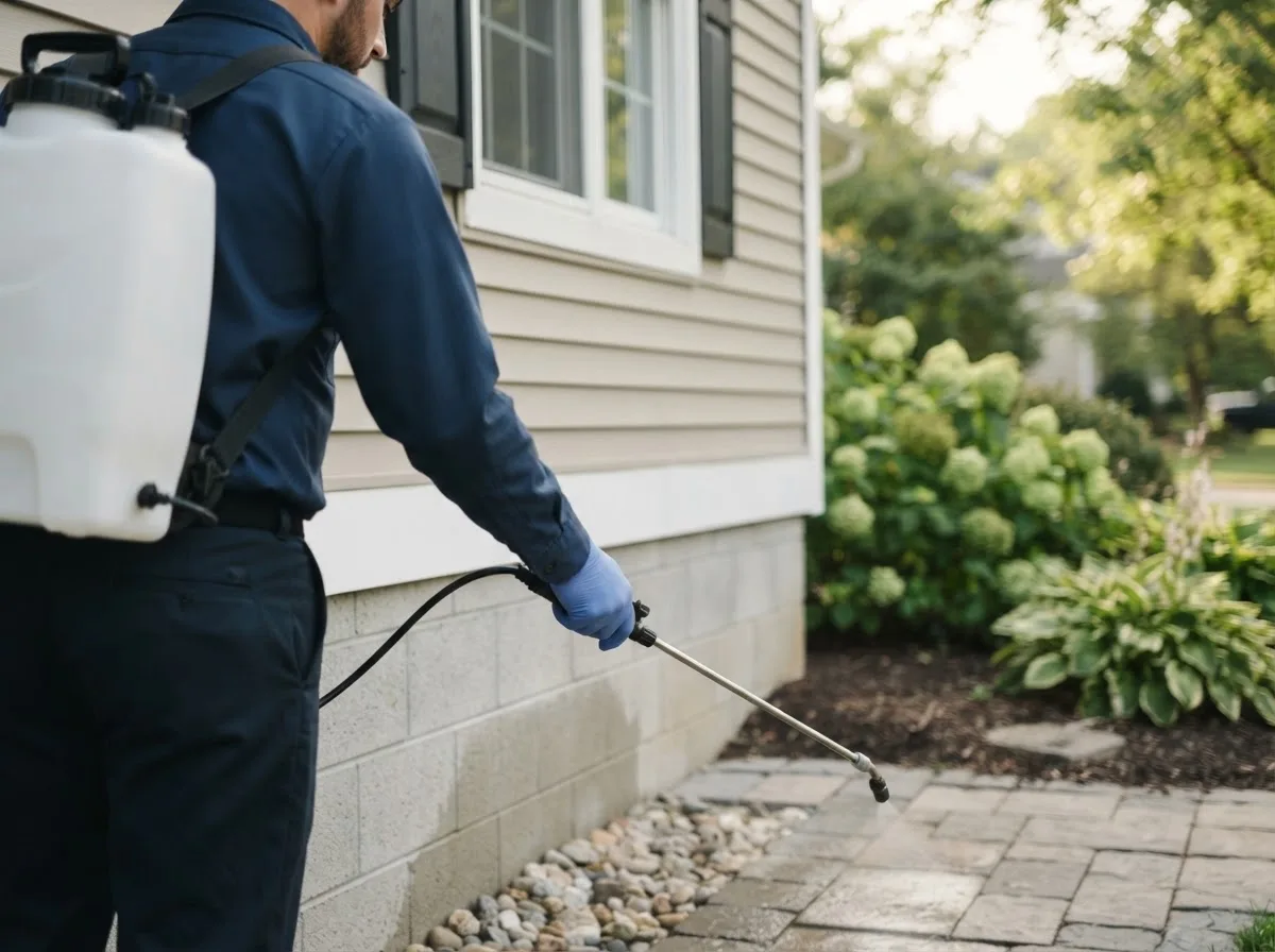 Pest control technician inspecting a home in North Brookfield, MA